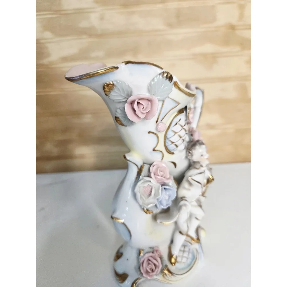 Vintage Ucagco Japan Porcelain‎ Vase Applied Flowers Gold Trim Pitcher Boy Spill
